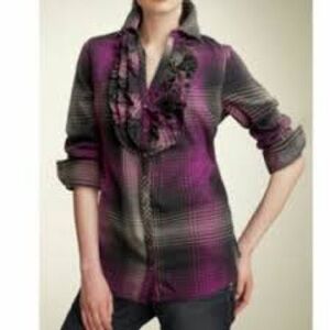 Joie  NWT blouse size Large button up front ruffle neckline plaid black & purple